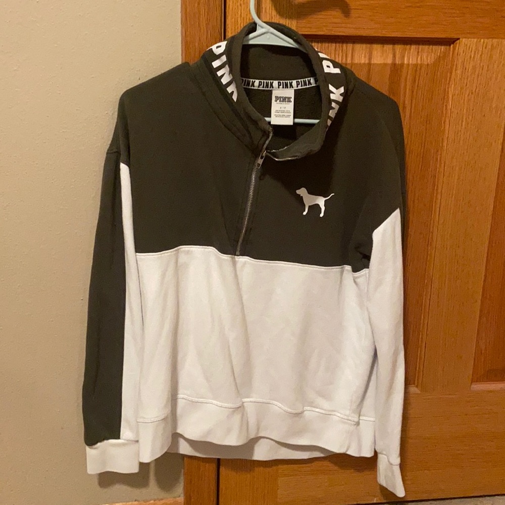 PINK quarter zip green/white sweatshirt